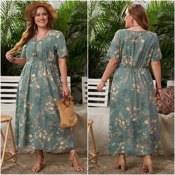 BellanBlue Dresses & Skirts - Plus Green Floral A-line V neck Midi Dress